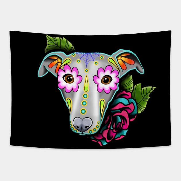 Greyhound - Whippet - Day of the Dead Sugar Skull Dog Tapestry by prettyinink