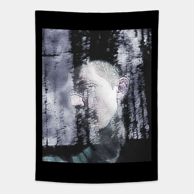 Portrait, digital collage and special processing. Masterpiece. Man looking to car window, reflection. Desaturated. Rain and sun. Tapestry by 234TeeUser234