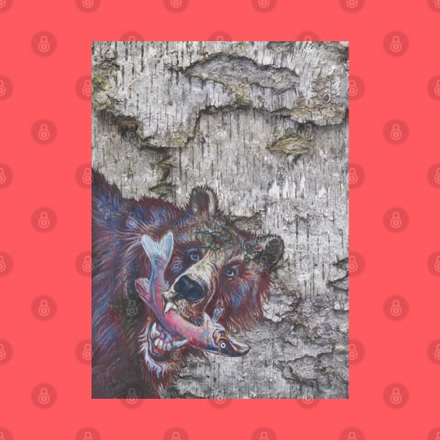 Majestic Grizzly Bear Art on Birch Bark - Wildlife Painting by Vlad
