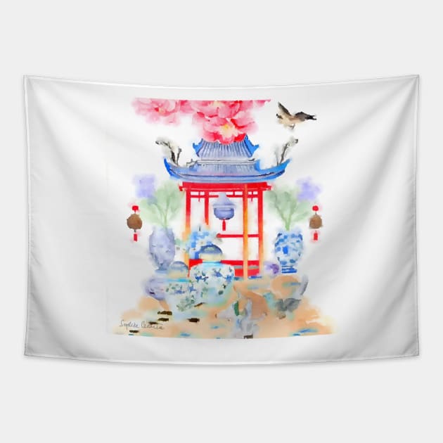 Pagoda and butterfly watercolor painting Tapestry by SophieClimaArt