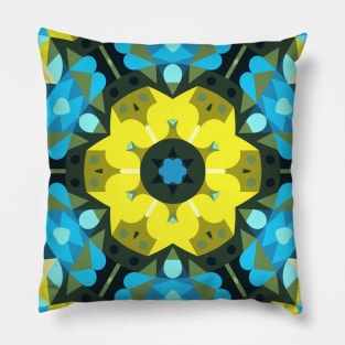 Retro Mandala Flower Blue and Yellow Pillow