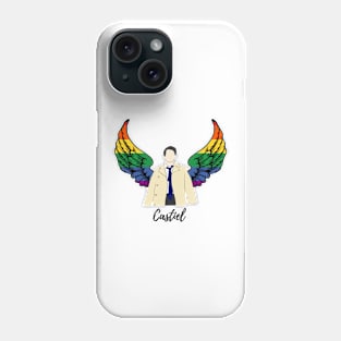 Castiel drawing with rainbow wings and name Phone Case