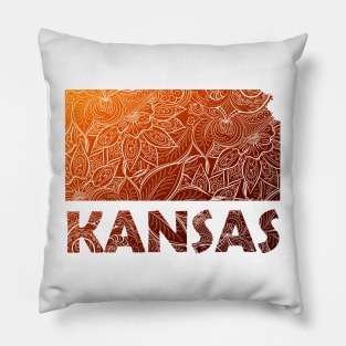 Colorful mandala art map of Kansas with text in brown and orange Pillow