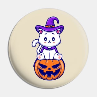 Cute Cat Witch Sitting On Pumpkin Cartoon Pin