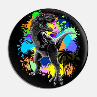 T-Rex Dinosaur Jurassic Reptile on Surreal Rainbow Paint Stains Pin