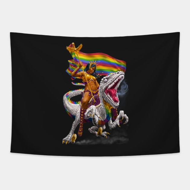 Rainbow Velociraptor Warrior Tapestry by AyotaIllustration