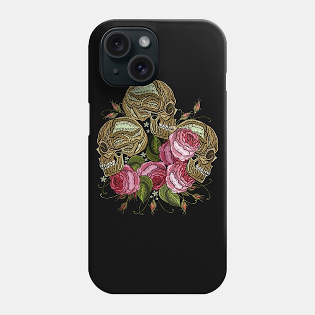 Three Skulls Roses Flower Embroidery Phone Case by Mako Design 