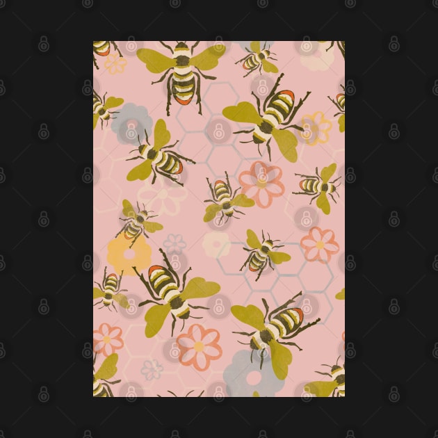 Vintage Honey Bees, Honeycomb and Flowers on dusty rose repeat pattern by NattyDesigns