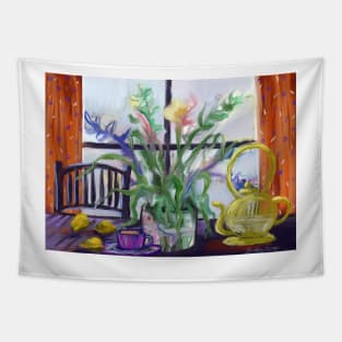 Orange Curtains and Yellow Teapot Tapestry