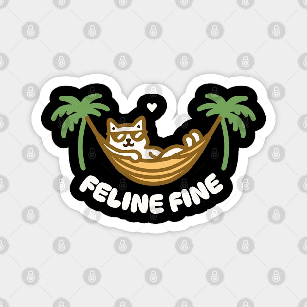 Feline Fine | Cute cat enjoying summer on a beach with feeling fine vibe | Cat Puns Magnet by Nora Liak