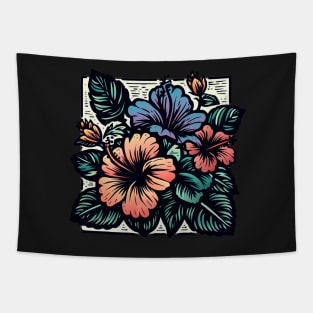 Bright Tropical Hibiscus Flower Woodcut Design Tapestry