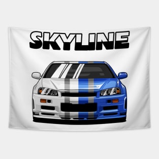 Nissan Skyline r34 GTR White Grey and Blue, JDM Car Tapestry