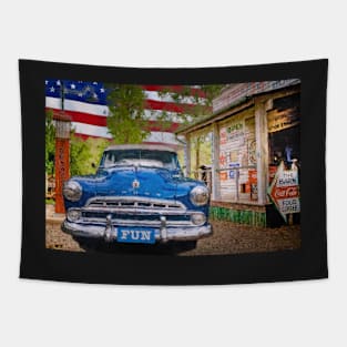 Classic American Automobile with American Flag Tapestry