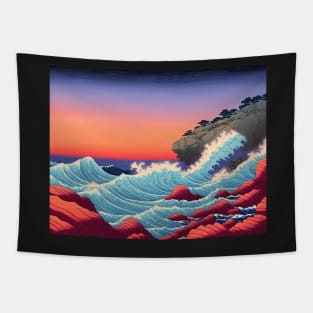 Ukiyo-e Japanese Art - Waves Crashing Against a Rocky Coast at Sunset Tapestry