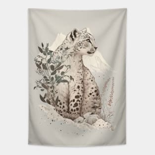 Snow Leopard in the Mountains Vintage Style Illustration Tapestry