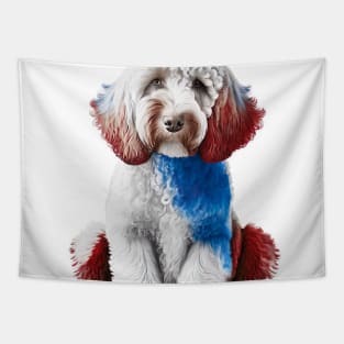 [AI Art] Red, blue and white Labradoodle Tapestry