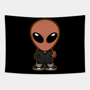 Space Alien Extraterrestrial Peace Hand Sign (Orange) Tapestry