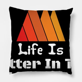 Life Is Better In The Mountains Colorful Retro Vintage Sunset Red Orange Yellow Triangle Pillow