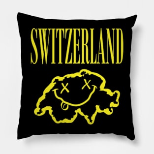 Vibrant Switzerland: Unleash Your 90s Grunge Spirit! Smiling Squiggly Mouth Dazed Smiley Face Pillow