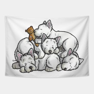 Westie sleeping pile cartoon Tapestry