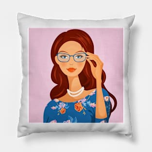 Girl with Wavy Hair and Glasses Pillow