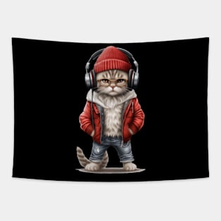 Vintage Funny Cute Cat, listening to hip-hop music wearing Santa hat Tapestry