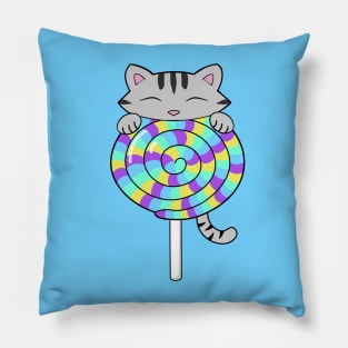 Cute Cat Eating Colorful Lollipop Pillow