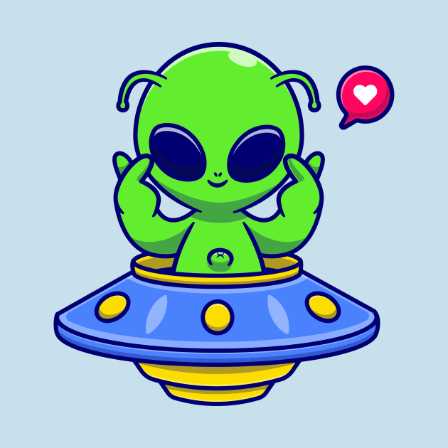 Cute Alien Riding UFO With Love Sign Cartoon by Catalyst Labs