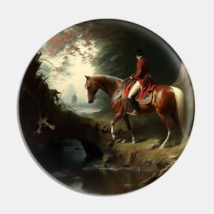 Antique Oil Painting of Man On Horse In Woods Pin