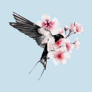 Beautiful Flying Swallow and Sakura Blossom - japanese painting T-Shirt