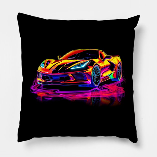 Amplify Orange C8 Corvette racecar refection Supercar Sports car Racing car Pillow by Tees 4 Thee