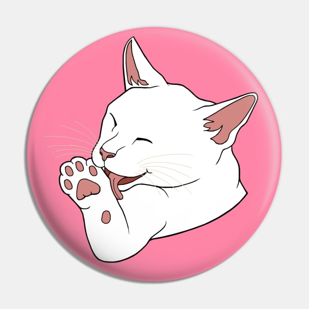 White Cat Licking their Toe Beans Pin by Art by Deborah Camp