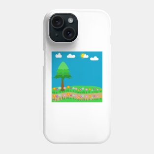 A meadow of flowers with a pine tree and sky and clouds Phone Case