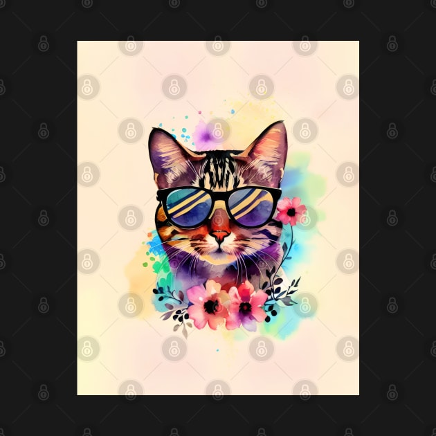 Cool Cat with Sunglasses Watercolor Flowers Kitty by Fur Funnel