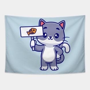 Cute Cat Holding Fish Board Cartoon Tapestry