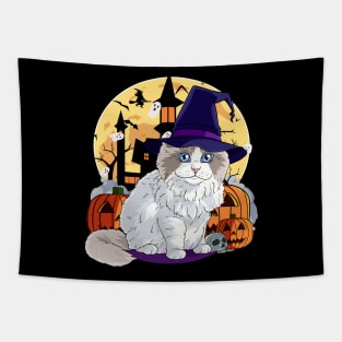 Ragdoll Cat Funny Halloween Witch Pumpkin Tapestry