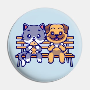 Cute Pug Dog And Cat Eating Food On Bench Park Cartoon Pin