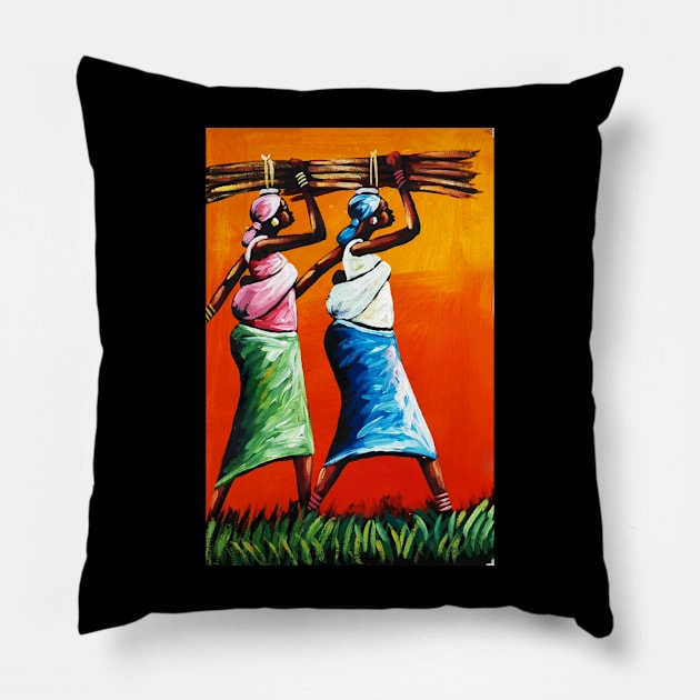 African Women Carrying Wood with Children, Black History Art Pillow by dukito