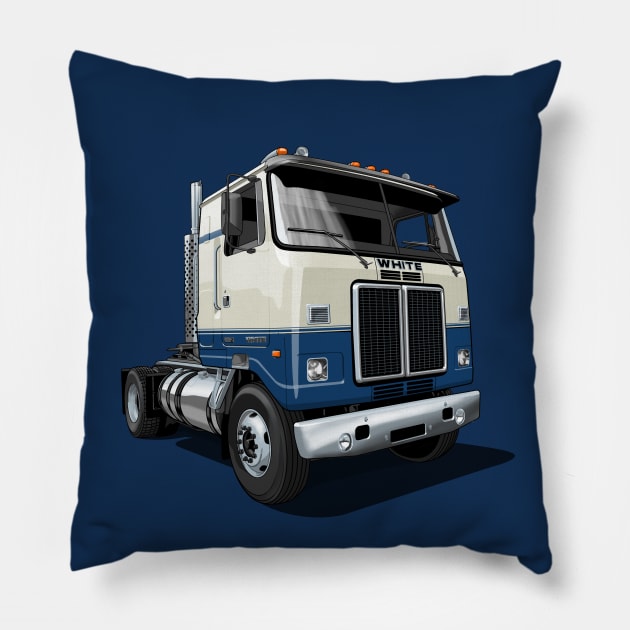 1980 White Road Commander 2 Cabover Truck in blue and white Pillow by candcretro