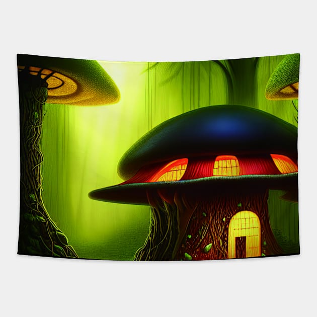 Magical Big Cottage Mushroom House with Lights in Forest with High Trees, Mushroom Aesthetic Tapestry by Promen Art