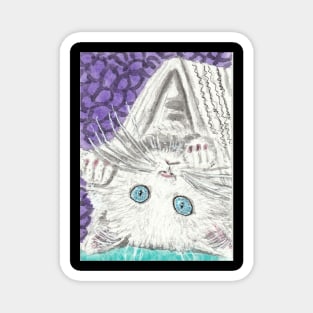 Cute  white kitten blue eyes  art painting Magnet