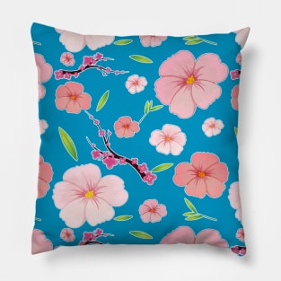Pink Hibiscus and Sakura Blue Background Pillow
