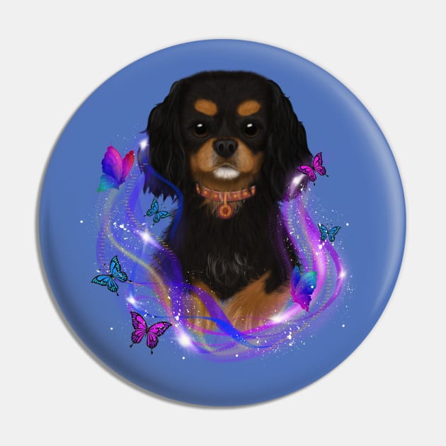 Magical Cavalier King Charles Spaniel and Butterflies, Black and Tan Pin by Cavalier Gifts