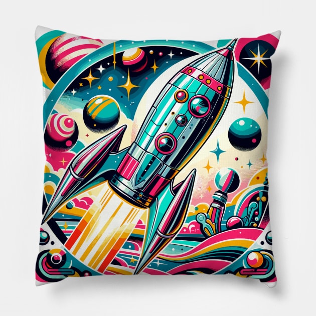 Cosmic Colors: Vibrant 1950s Spacecraft Journey Pillow by Graphic Wonders Emporium