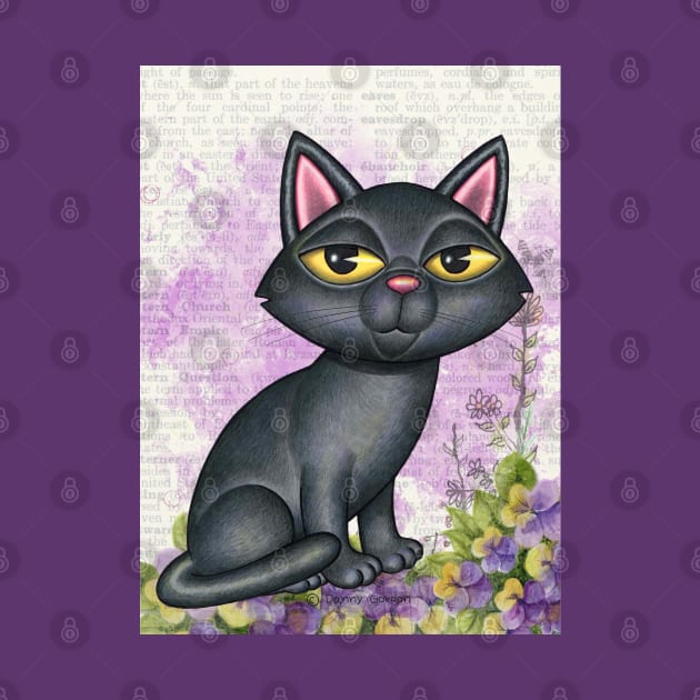 Cute black cat with purple background and flowers by Danny Gordon Art