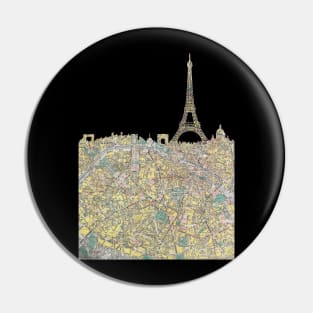 Paris skyline with Eiffel Tower cut from 1930 Paris Map Pin