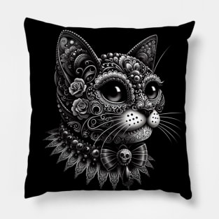 Black Cat Sugar Skull Pillow