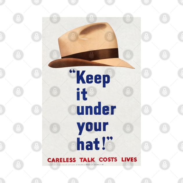 KEEP IT UNDER YOUR HAT - CARELESS TALK LOSES LIFE - MAN'S HAT - WAR PROPOGANDA POSTER- WWII by Oldetimemercan