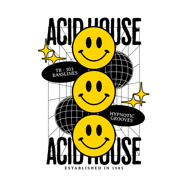 ACID HOUSE  - 3 Smiley's (Black) by DISCOTHREADZ 