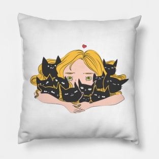 Girl and a Lot of Black Cats Pillow